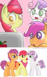 Size: 800x1300 | Tagged: safe, artist:crade, artist:jaquelindreamz, apple bloom, scootaloo, sweetie belle, earth pony, pony, g4, adult, applebuck, bloomcest, blushing, computer, cutie mark crusaders, filly, laptop computer, male, older, rule 63, scootacest, scooteroll, self ponidox, selfcest, shipping, silver bell, stallion, sweetcest