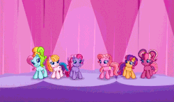 Size: 740x435 | Tagged: safe, screencap, cheerilee (g3), pinkie pie (g3), rainbow dash (g3), scootaloo (g3), starsong, toola-roola, g3, g3.5, waiting for the winter wishes festival, animated, dancing, female, male, spotlight, tapping