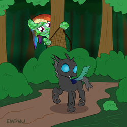 Size: 1000x1000 | Tagged: safe, artist:empyu, rainbow dash, changeling, pegasus, pony, g4, bush, camouflage, duo, forest, hiding, net, smiling, tree, unaware