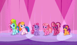 Size: 740x435 | Tagged: safe, screencap, cheerilee (g3), pinkie pie (g3), rainbow dash (g3), scootaloo (g3), starsong, toola-roola, g3, g3.5, waiting for the winter wishes festival, animated, dancing, female, male, spotlight