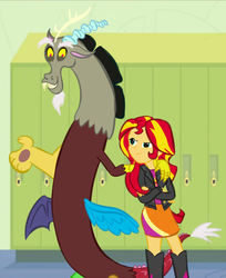 Size: 816x1000 | Tagged: safe, artist:neighthirst, discord, sunset shimmer, fanfic:reformation buddies, equestria girls, g4, fanfic art, fanfic cover, female, male, ship:suncord, shipping, straight