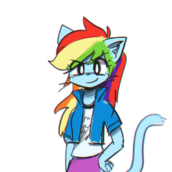 Size: 1280x1280 | Tagged: safe, artist:gmrqor, rainbow dash, anthro, equestria girls, g4, catgirl, catified, female, rainbow cat, simple background, solo, species swap, white background