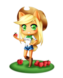 Size: 1024x1269 | Tagged: safe, artist:deizunei, applejack, anthro, g4, ambiguous facial structure, apple, chibi, female, no nose, solo