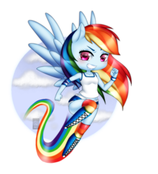 Size: 1024x1122 | Tagged: safe, artist:deizunei, rainbow dash, anthro, g4, ambiguous facial structure, chibi, clothes, female, flying, no nose, rainbow trail, shorts, solo, tank top