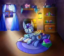 Size: 1280x1109 | Tagged: safe, artist:mdragonflame, princess luna, oc, oc:wax n' wane, bat pony, pony, g4, commission, cute, moon, moonlight, old cutie mark, reading, smiling, solo, wings