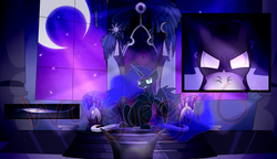 Size: 2500x1440 | Tagged: safe, artist:woogiegirl, nightmare moon, g4, batman, commission, crossover, moon, night, ponified, smirk, throne, watermark