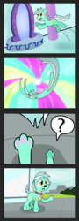 Size: 2863x7923 | Tagged: safe, artist:041744, lyra heartstrings, dog, pony, unicorn, equestria girls, g4, black hole physics, comic, dogified, fail, female, mare, mirror portal, portal, question mark, solo, species swap