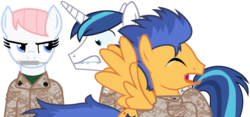 Size: 1390x652 | Tagged: safe, artist:totallynotabronyfim, flash sentry, nurse redheart, shining armor, earth pony, pegasus, pony, unicorn, g4, camouflage, clothes, combat medic, corpsman, crying, female, male, mare, marines, military, mouth hold, navy, needle, needle phobia, ouch, scared, soldier, spread wings, stallion, syringe, teary eyes, trypanophobia, uniform, vaccination, wings