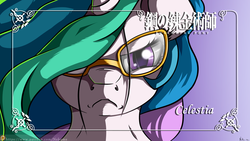 Size: 3840x2160 | Tagged: safe, artist:neko-me, princess celestia, g4, female, frown, fullmetal alchemist, glare, glasses, hair over one eye, high res, looking at you, parody, patreon, portrait, solo, van hoenhiem