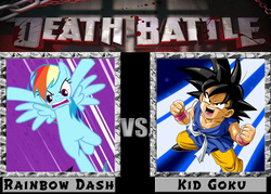 Size: 900x643 | Tagged: safe, rainbow dash, g4, angry, death battle, dragon ball, dragon ball gt, exploitable meme, fight, kid goku, kung fu, meme, son goku