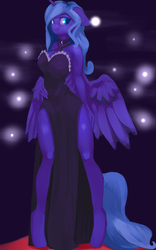 Size: 3744x6000 | Tagged: safe, artist:qweeli, princess luna, alicorn, anthro, unguligrade anthro, g4, clothes, collar, dress, female, looking at you, side slit, smiling, solo, standing