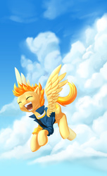 Size: 1121x1848 | Tagged: safe, artist:dstears, spitfire, pegasus, pony, spitfire's day off, g4, clothes, cloud, cloudy, eyes closed, female, flying, happy, jacket, shirt, solo