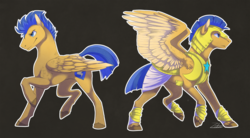 Size: 1507x832 | Tagged: safe, artist:zetapold, flash sentry, pegasus, pony, g4, armor, male, raised hoof, raised leg, royal guard, solo, spread wings, stallion, wings