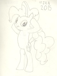 Size: 1493x1997 | Tagged: safe, artist:barryfrommars, pinkie pie, g4, female, monochrome, solo, standing, traditional art