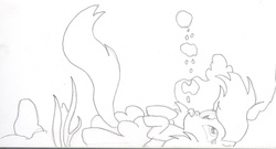 Size: 1560x845 | Tagged: safe, artist:barryfrommars, derpy hooves, pegasus, pony, g4, blowing bubbles, bubble, female, mare, monochrome, solo, traditional art, underwater