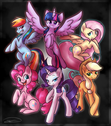 Size: 1053x1200 | Tagged: safe, artist:doekitty, applejack, fluttershy, pinkie pie, rainbow dash, rarity, twilight sparkle, alicorn, pony, g4, female, group, group shot, looking at you, mane six, mare, sextet, simple background, spread wings, twilight sparkle (alicorn), wings