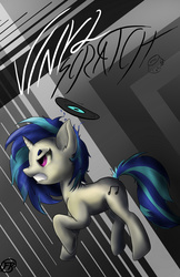 Size: 1229x1900 | Tagged: safe, artist:frisky, dj pon-3, vinyl scratch, pony, unicorn, g4, female, poster, record, simple background, solo