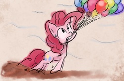 Size: 1024x670 | Tagged: safe, artist:animestrife009, pinkie pie, g4, balloon, dirt, dragging, female, mouth hold, solo, sweat