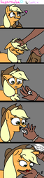 Size: 1000x4000 | Tagged: safe, artist:mushroomcookiebear, applejack, human, g4, bracelet, comic, cute, dark skin, disembodied hand, ear scratch, hand, heart, horses doing horse things, jackabetes, licking, smiling, sugarcube, tongue out