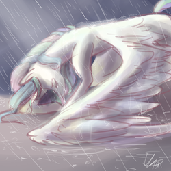 Size: 1500x1500 | Tagged: safe, artist:ebonytails, princess celestia, g4, crying, female, rain, sad, solo, spread wings, wings