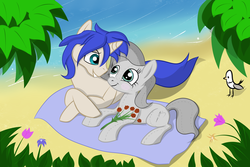 Size: 6000x4000 | Tagged: safe, artist:wilshirewolf, oc, oc only, oc:double backstitch, oc:trick shot, earth pony, pony, seagull, unicorn, absurd resolution, beach, blushing, female, grin, male, oc x oc, sand, shipping, straight, water