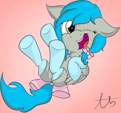 Size: 930x871 | Tagged: safe, artist:laptopbrony, oc, oc only, oc:darcy sinclair, pegasus, pony, bow, clothes, cute, floppy ears, looking at you, on back, open mouth, smiling, socks, solo, tail bow, wink