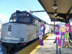 Size: 640x480 | Tagged: safe, cheerilee, princess celestia, principal celestia, rainbow dash, rarity, sunset shimmer, twilight sparkle, equestria girls, g4, emd, f40ph, fanfic art, locomotive, photoshop, train