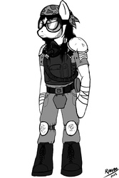 Size: 640x960 | Tagged: safe, artist:rik4100, oc, oc only, oc:skelly the brony, anthro, bandage, bandana, beard, belt, boots, camouflage, clothes, goggles, mask, pants, respirator, solo, survivor, t-shirt, wasteland