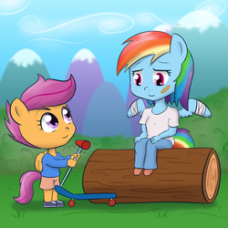 Size: 1000x1000 | Tagged: safe, artist:empyu, rainbow dash, scootaloo, anthro, g4, bandage, bandaid, chibi, cute, cutealoo, dashabetes, duo, female, injured, scooter, sibling love, siblings, sisterly love, sisters