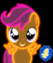 Size: 2729x3236 | Tagged: safe, artist:zantyarz, scootaloo, pegasus, pony, g4, black background, cutie mark crusaders patch, female, filly, neon, simple background, solo