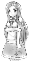 Size: 377x763 | Tagged: safe, artist:alloyrabbit, fluttershy, human, pegasus, pony, g4, breasts, busty fluttershy, clothes, female, grayscale, human ponidox, humanized, long hair, midriff, monochrome, self ponidox, size difference, skirt, tank top