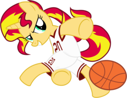 Size: 7300x5614 | Tagged: safe, artist:caliazian, sunset shimmer, pony, unicorn, g4, absurd resolution, ball, basketball, clothes, female, jersey, mare, simple background, solo, sports, transparent background