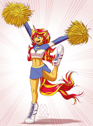 Size: 2350x3171 | Tagged: safe, artist:mykegreywolf, sunset shimmer, anthro, unguligrade anthro, belly button, cheerleader, clothes, female, midriff, pom pom, shoes, skirt, sneakers, solo, wondercolts