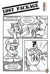 Size: 1024x1506 | Tagged: safe, artist:leinad56, twilight sparkle, oc, alicorn, pony, comic:lost package, g4, clipboard, comic, delivery, dialogue, female, mare, monochrome, post office, question mark, twilight sparkle (alicorn)