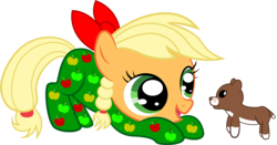 Size: 3350x1758 | Tagged: safe, artist:spellboundcanvas, applejack, winona, dog, g4, cute, female, filly, filly applejack, footed sleeper, jackabetes, puppy, winonabetes, younger