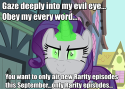 Size: 1003x715 | Tagged: safe, rarity, canterlot boutique, g4, inspiration manifestation, corrupted, glowing eyes, image macro, inspirarity, magic, meme, meta, mind control, possessed, pure unfiltered evil, the critic