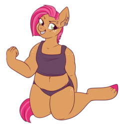 Size: 617x629 | Tagged: safe, artist:lulubell, babs seed, anthro, unguligrade anthro, g4, belly button, chest binder, chubby, clothes, female, flexing, midriff, muffin top, older, piercing, simple background, solo, sweat, tank top, transparent background, underwear