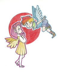 Size: 1024x1256 | Tagged: safe, artist:mrssandy, fluttershy, rainbow dash, human, g4, blushing, clothes, dress, flying, humanized, ponytail, traditional art, winged humanization