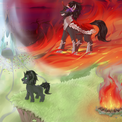 Size: 4000x4000 | Tagged: safe, artist:missangest, king sombra, pony, unicorn, g4, antagonist, colt, colt sombra, crystal empire, fire, foal, male, solo, younger