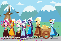 Size: 2200x1500 | Tagged: safe, artist:eninejcompany, part of a set, applejack, fluttershy, pinkie pie, rainbow dash, rarity, sci-twi, sunset shimmer, twilight sparkle, human, equestria girls, g4, book, cheese, dutch, dutch cap, equestria girls around the world, flower, hat, humane five, humane seven, humane six, netherlands, part of a series, stereotype, windmill
