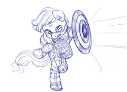 Size: 2000x1454 | Tagged: safe, artist:verulence, applejack, pony, g4, bipedal, captain america, clothes, cosplay, costume, female, monochrome, shield, sketch, solo, wip