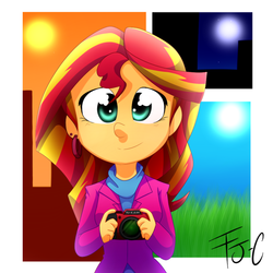 Size: 900x900 | Tagged: safe, artist:fj-c, sunset shimmer, equestria girls, g4, camera, earring, female, piercing, smiling, solo