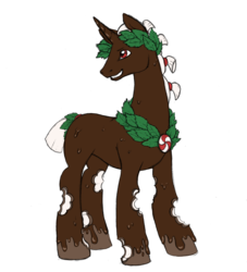 Size: 1280x1411 | Tagged: safe, artist:allegro-designs, oc, oc only, oc:pennyroyal, candy pony, food pony, original species, banded mane, chocolate, hairband, laurel wreath, mint, mint leaves, peppermint, smiling, solo, tail wrap, unshorn fetlocks