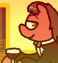Size: 838x915 | Tagged: safe, artist:pokehidden, oc, oc only, oc:big brian, pony, banned from equestria daily, bowtie, breaking the fourth wall, clothes, looking at you, raised eyebrow, reaction image, solo, suit, wine, wine glass