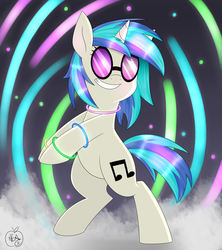 Size: 1600x1800 | Tagged: safe, artist:notenoughapples, dj pon-3, vinyl scratch, g4, dancing, female, glowstick, rave, solo