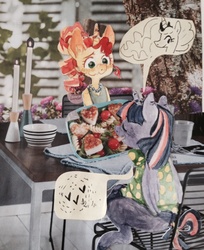 Size: 1047x1280 | Tagged: safe, artist:let-the-rainbow-remind-us, sunset shimmer, twilight sparkle, pony, g4, blushing, female, food, lesbian, papercraft, ship:sunsetsparkle, shipping