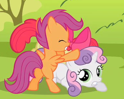 Size: 391x311 | Tagged: safe, screencap, apple bloom, scootaloo, sweetie belle, earth pony, pegasus, pony, unicorn, g4, blank flank, bow, cutie mark crusaders, female, filly, looking at you