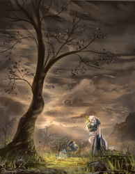 Size: 1700x2190 | Tagged: dead source, safe, artist:shamanguli, oc, oc only, oc:velvet remedy, pony, unicorn, fallout equestria, fanfic, fanfic art, female, glowing horn, horn, magic, mare, scenery, sitting, solo, telekinesis, tree, watering can