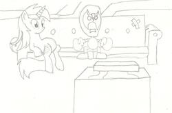 Size: 1691x1114 | Tagged: safe, artist:barryfrommars, lyra heartstrings, g4, couch, crossover, homestar runner, monochrome, strong bad, television, traditional art