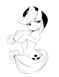 Size: 1280x1669 | Tagged: safe, artist:30clock, applejack, pony, g4, :p, bedroom eyes, bipedal, female, grayscale, looking at you, monochrome, solo, tongue out